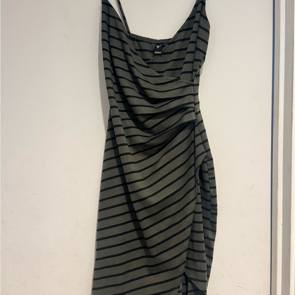 Windsor Black and Green Ruched Asymmetrical Slip Dress